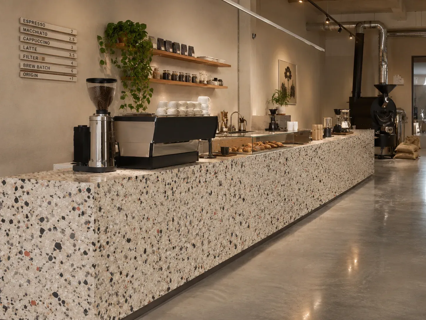 Il bancone continuo della torrefazione Ostro a Bologna visto per tutta la sua lunghezza: fronte e piano rivestiti in lastre ReForma, macchina espresso e macinacaffè sul piano, tostatrice sullo sfondo
