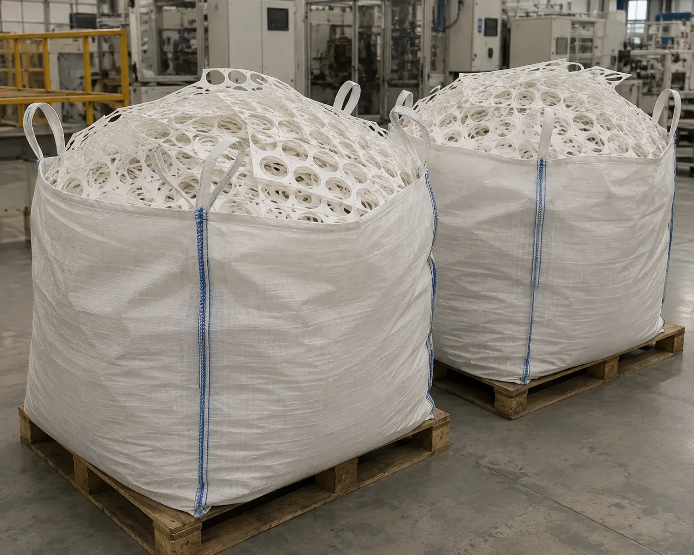 Due big bag su pallet all'interno dello stabilimento fornitore, colmi di sfridi di termoformatura: lastre di polipropilene chiaro traforate dai fori dei pezzi già stampati