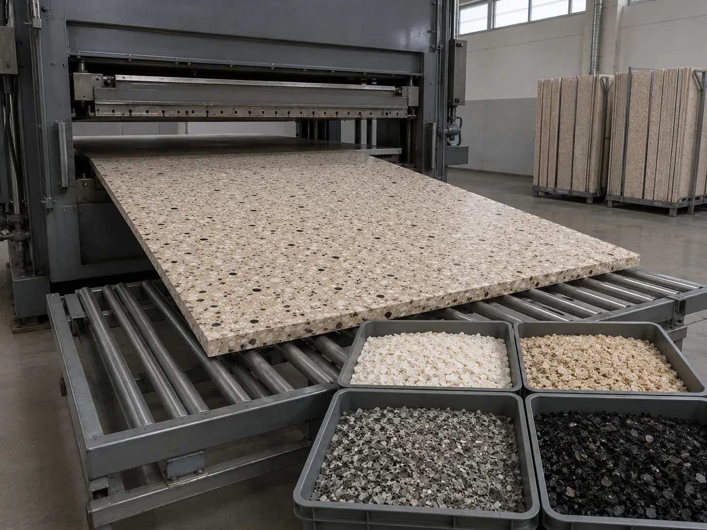 Lastra appena uscita dalla pressa a caldo sul rullo di raffreddamento; in primo piano quattro vasche di scaglie già separate per colore — avorio, sabbia, grigio e nero — da cui nasce la finitura
