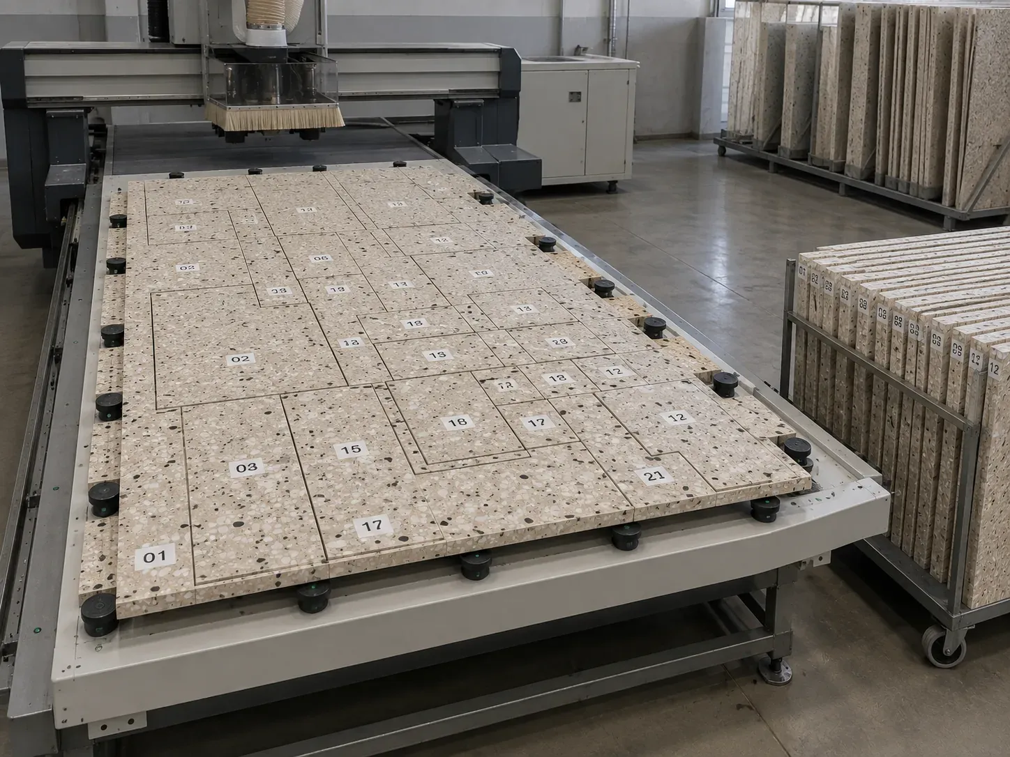 Lastra sul banco del centro CNC a taglio finito: i pezzi restano annidati nella lastra, ognuno con un'etichetta numerata, e accanto un carrello raccoglie i pezzi già tagliati dello stesso lotto